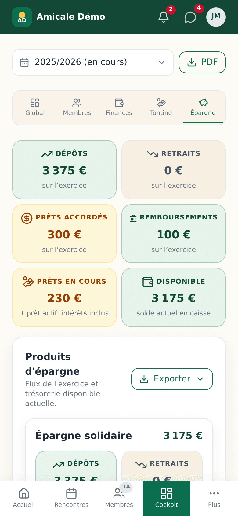 Onglet Épargne du cockpit : dépôts, retraits, prêts en cours et disponible par produit