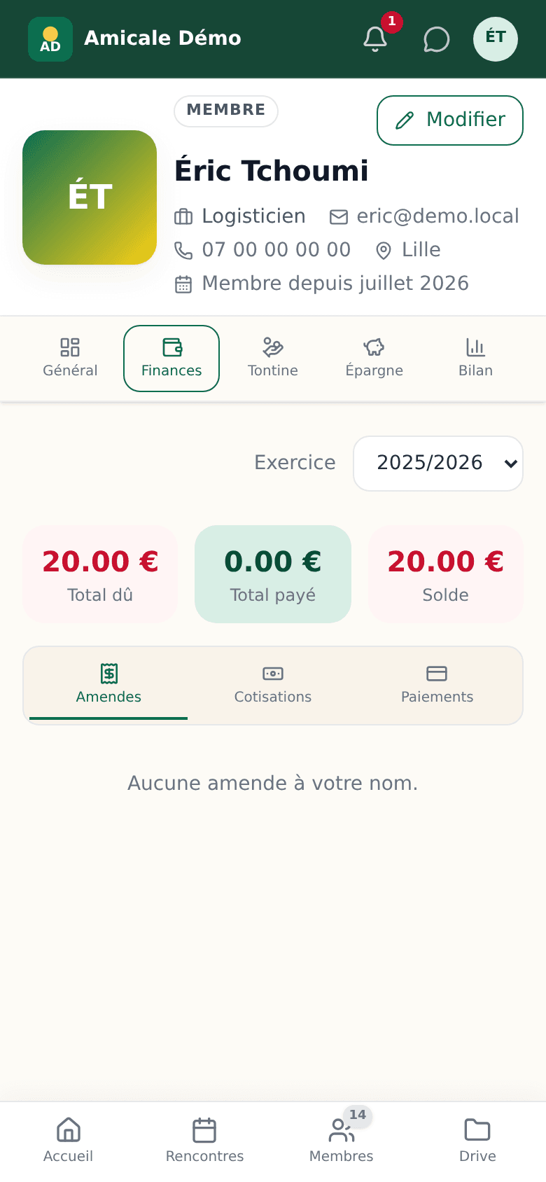 Onglet Finances de l'espace personnel : obligations, paiements et restes dus de l'exercice sélectionné