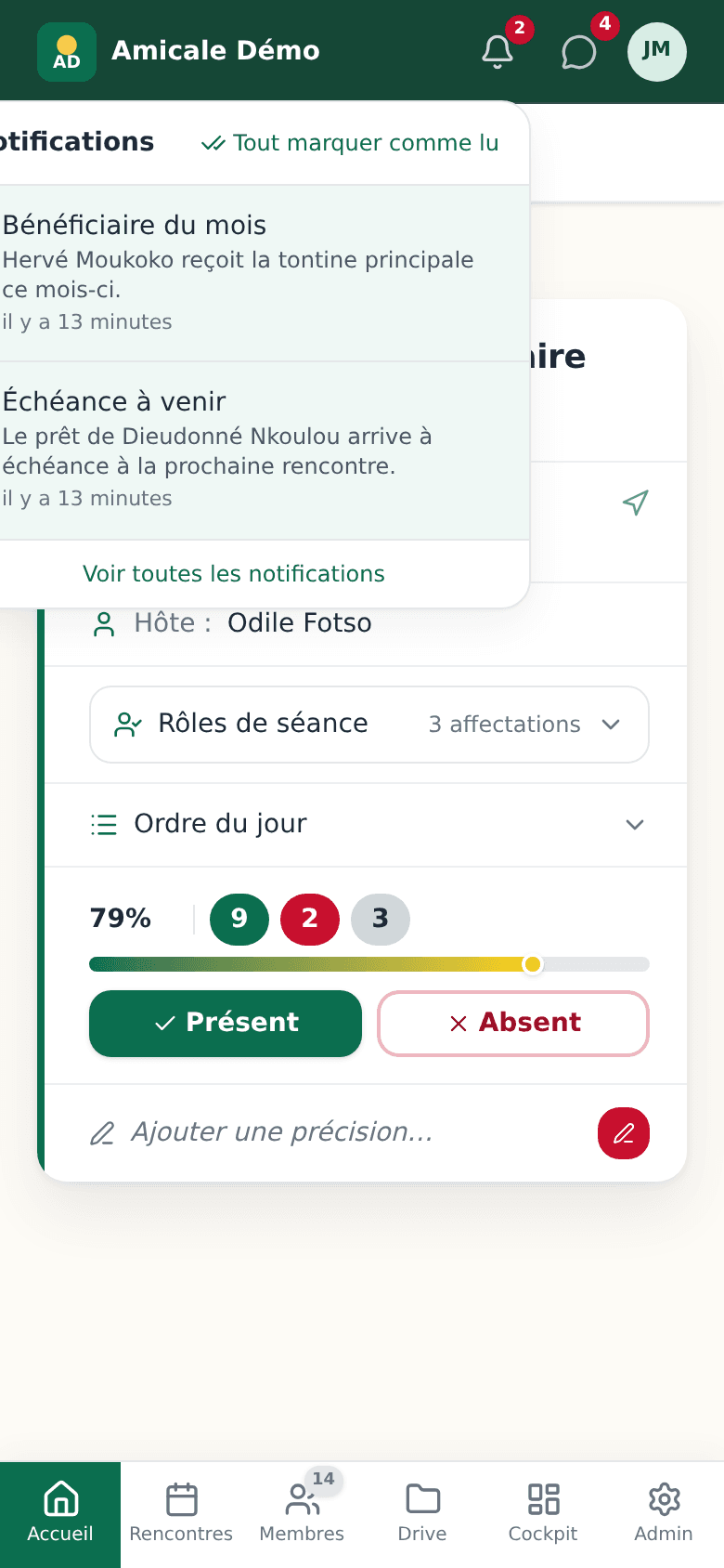 Cloche de notifications ouverte : liste des notifications récentes avec leur statut de lecture