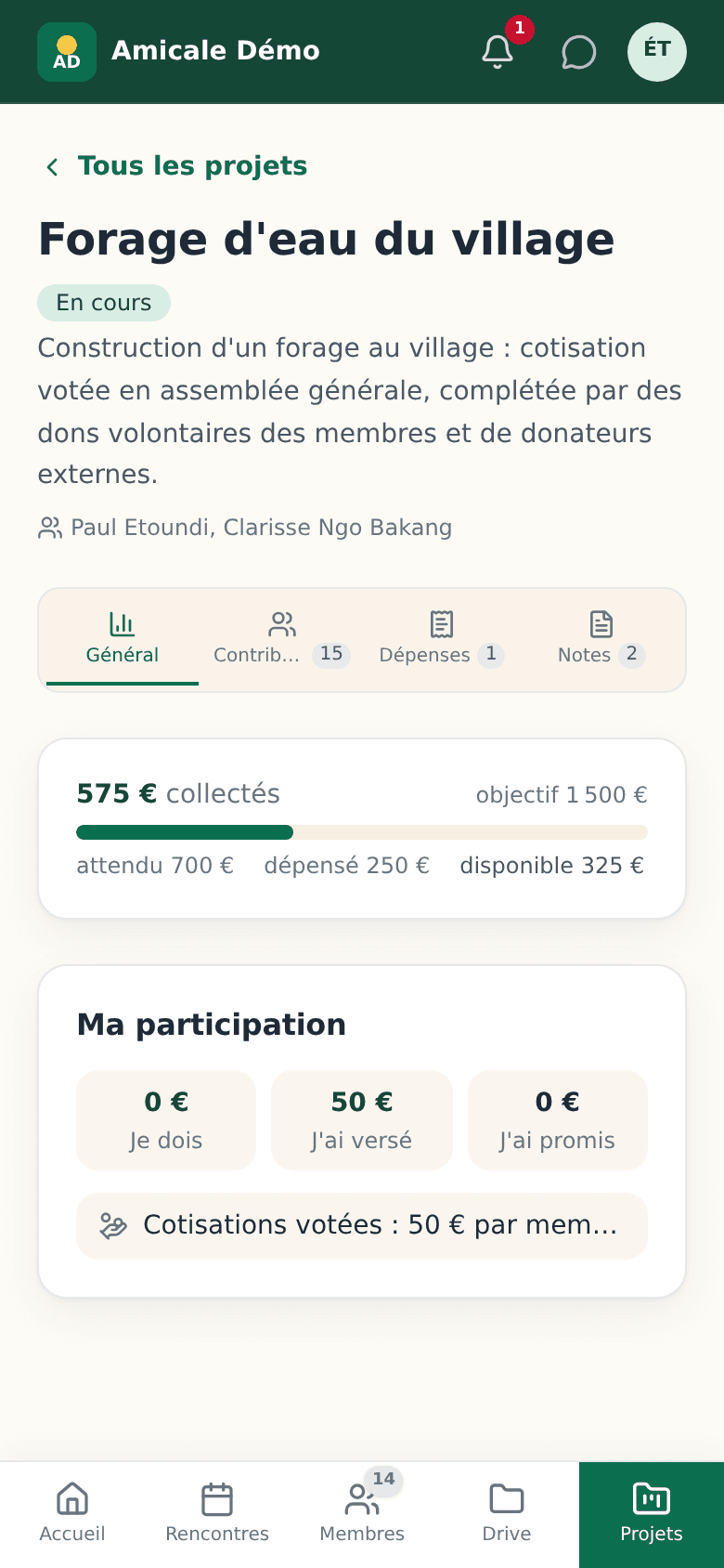 Page d'un projet : jauge de collecte avec objectif, montants attendu, dépensé et disponible, et carte Ma participation