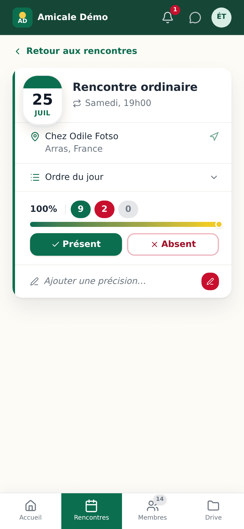 Fiche d'une rencontre à venir : date, lieu, ordre du jour et boutons Présent / Absent