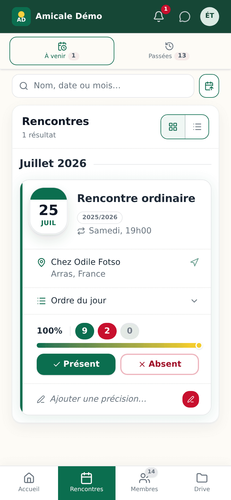 Liste des rencontres avec les onglets À venir et Passées, la recherche et le tag d'exercice
