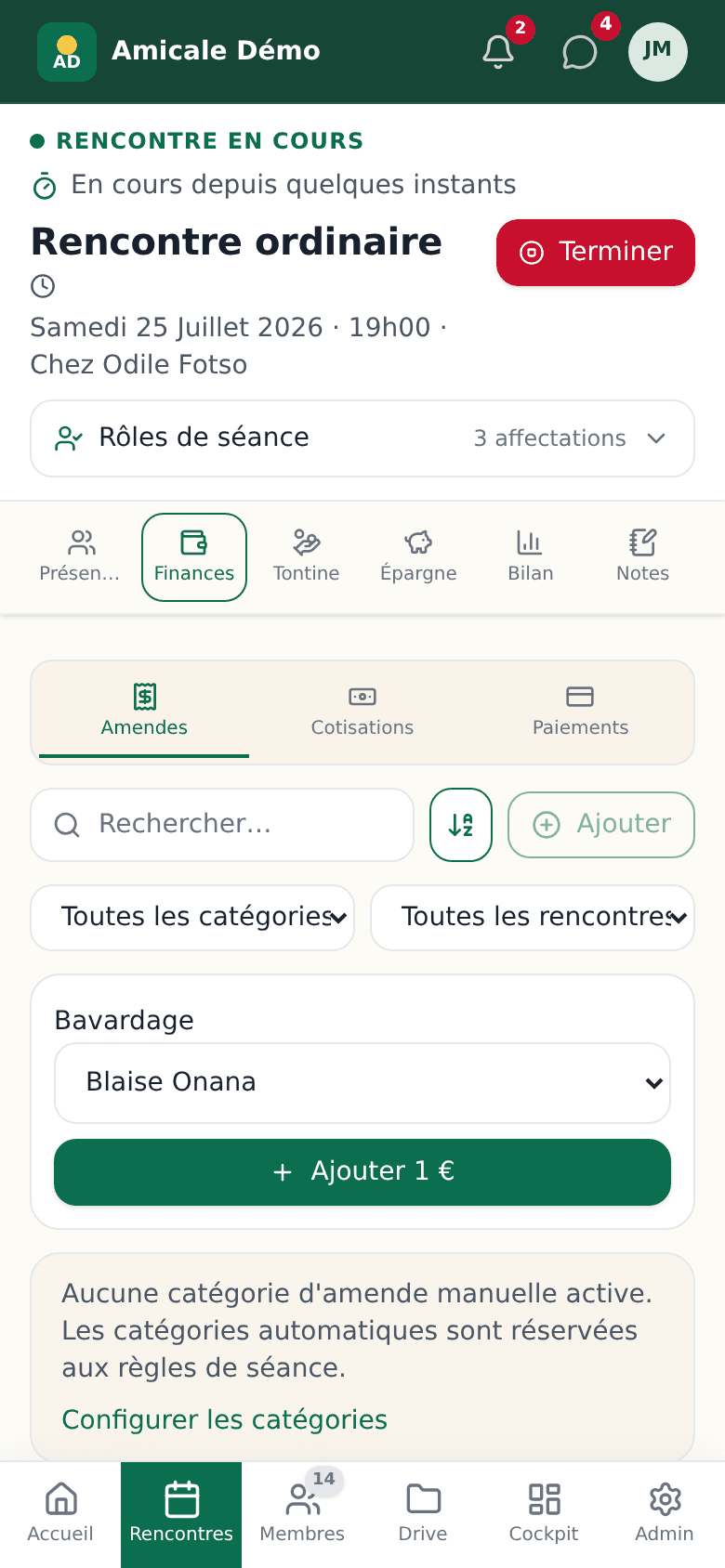 Onglet Finances d'une séance en cours : amendes, cotisations et paiements de la rencontre