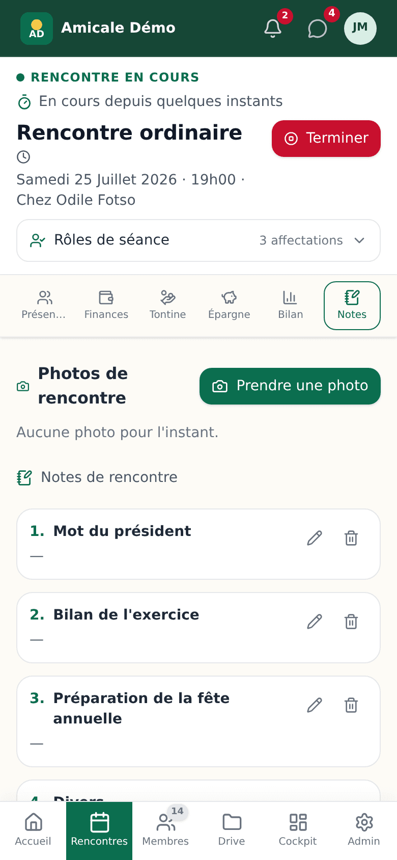 Onglet Notes d'une séance en cours : notes par point de l'ordre du jour et génération du brouillon IA